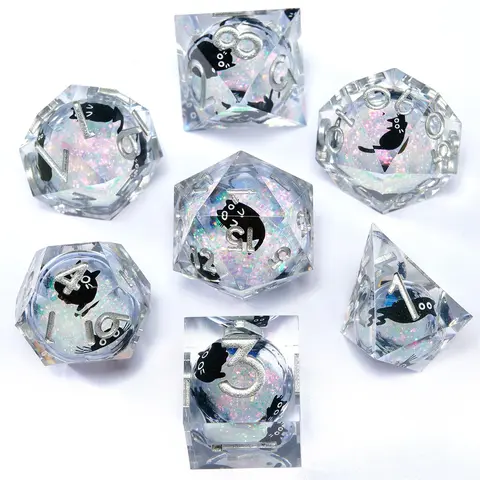 Cat Theme Liquid Core D&D Dice Set, 7 Polyhedral Dice, Tabletop Game Festival D&D Dice Kit, MTG Dice, Dungeons & Dragons Dice, Resin Dice