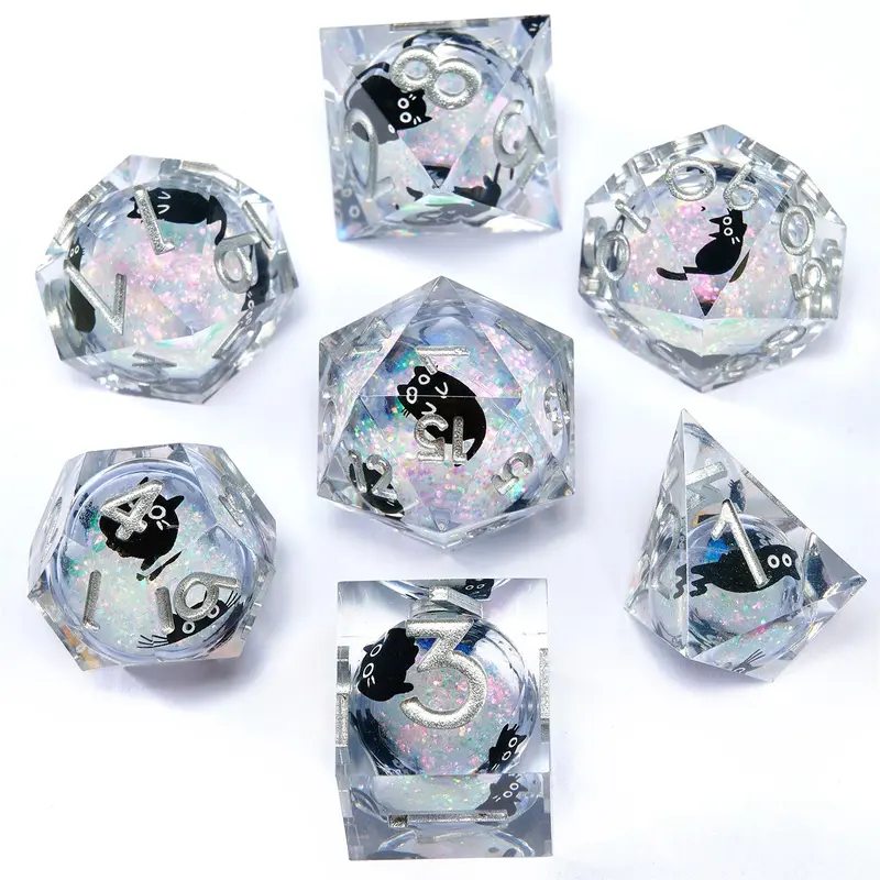 Cat Theme Liquid Core D&D Dice Set, 7 Polyhedral Dice, Tabletop Game Festival D&D Dice Kit, MTG Dice, Dungeons & Dragons Dice, Resin Dice