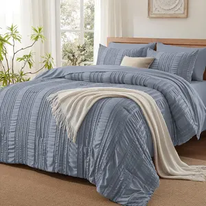 Blue Tufted Comforter Set  Size 7 count Bed in a Bag,Shabby Chic Boho Bedding for Bedroom Comforter, Season Soft Microfiber Ruffle Comforter Set with Pillow and Sheets