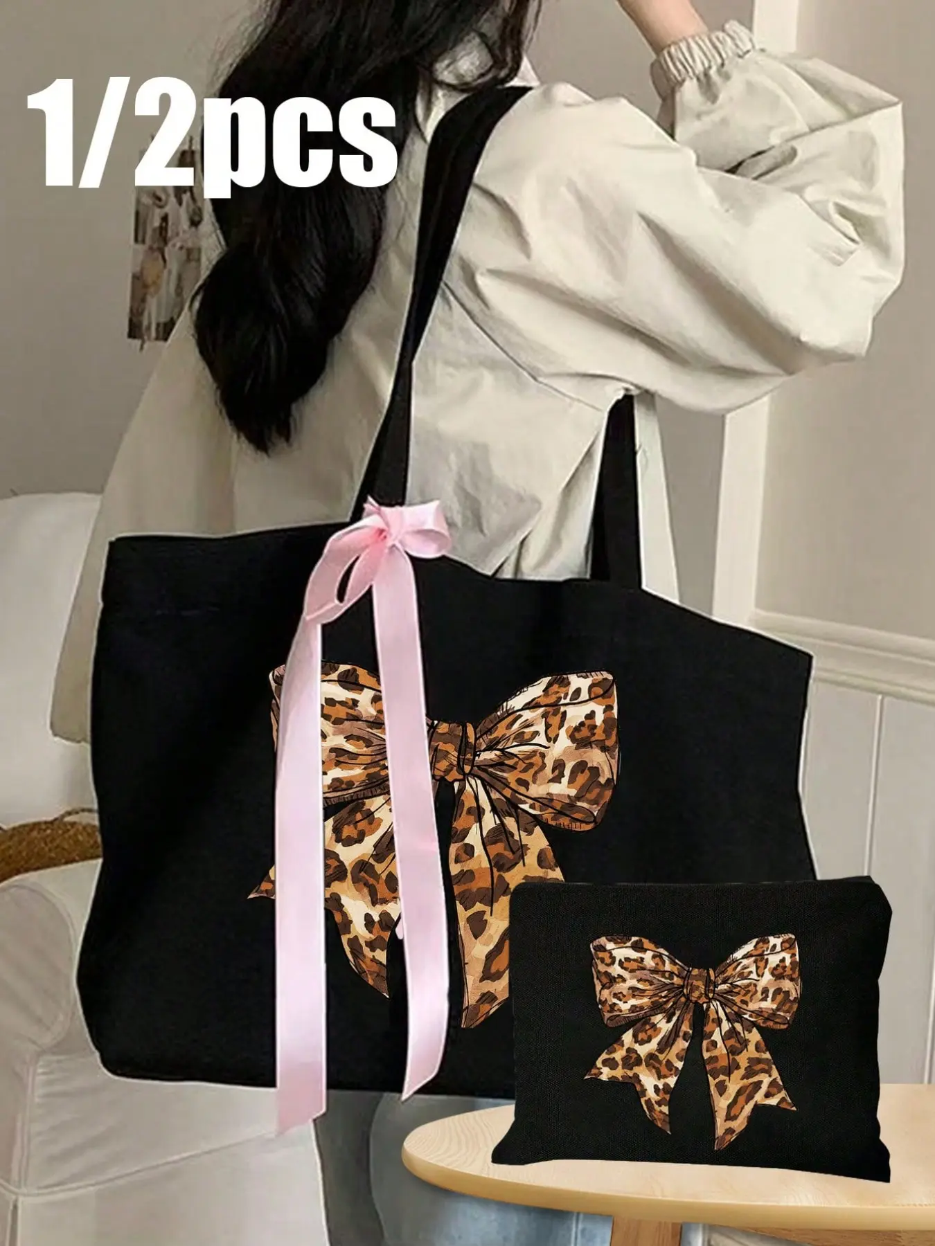Cheetah Bow Large Capacity Handbag Tote Bag, Ribbon Tote Bag, Reusable Shopping Bag, Perfect Gift for Women, Summer Beach Travel