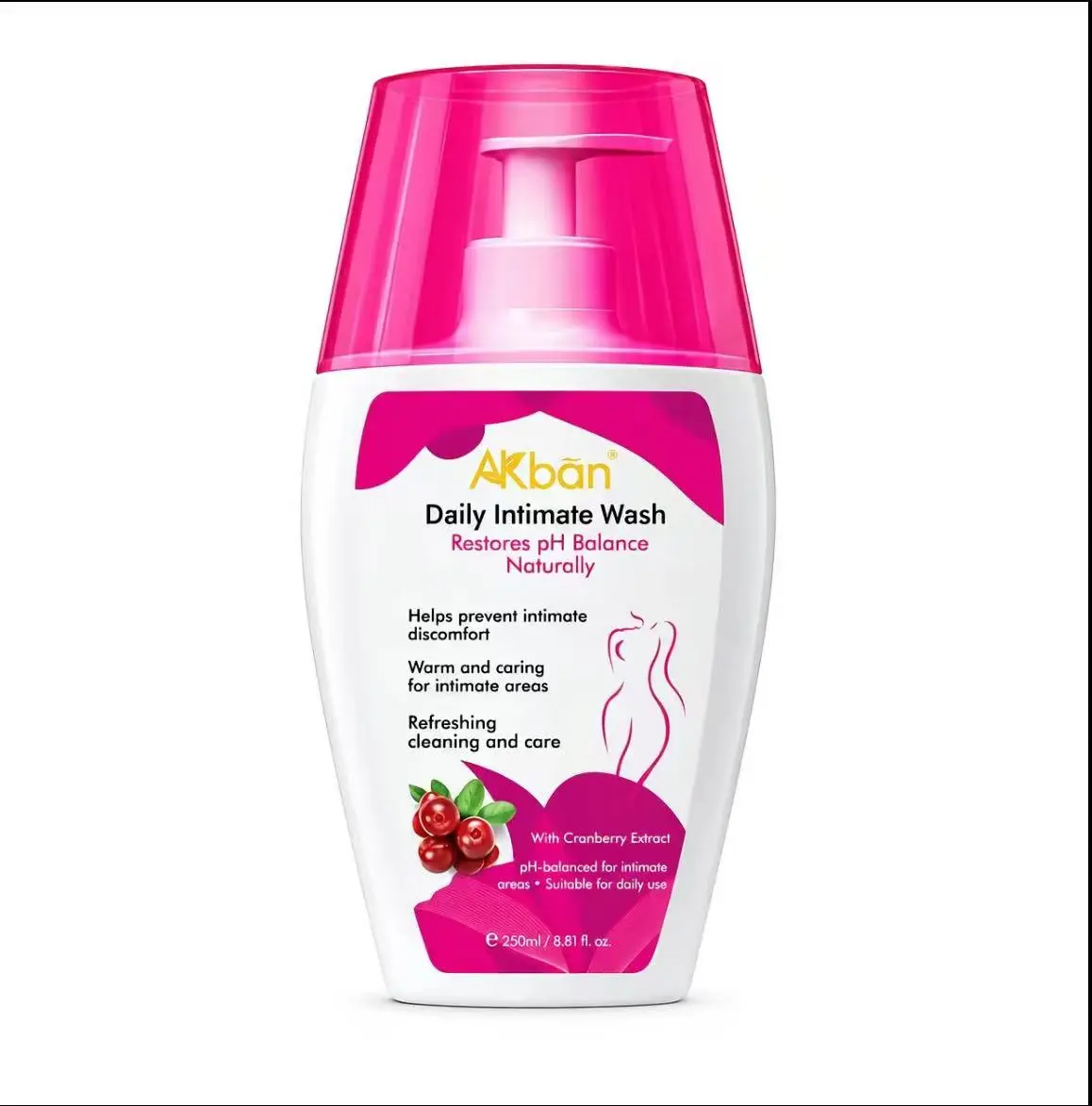 AKBAN Cranberry Daily Feminine Intimate Wash 250ml, pH-Balanced Gentle Cleanser for Women, Refreshing Moisture Personal Care Wash for Daily Use