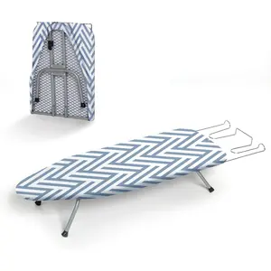 Small desktop ironing board, foldable, steel mesh portable ironing board, suitable for dormitories and apartments, comes with an ironing mat and heat-resistant cotton cover, size 31inchx12inch, blue and white stripes