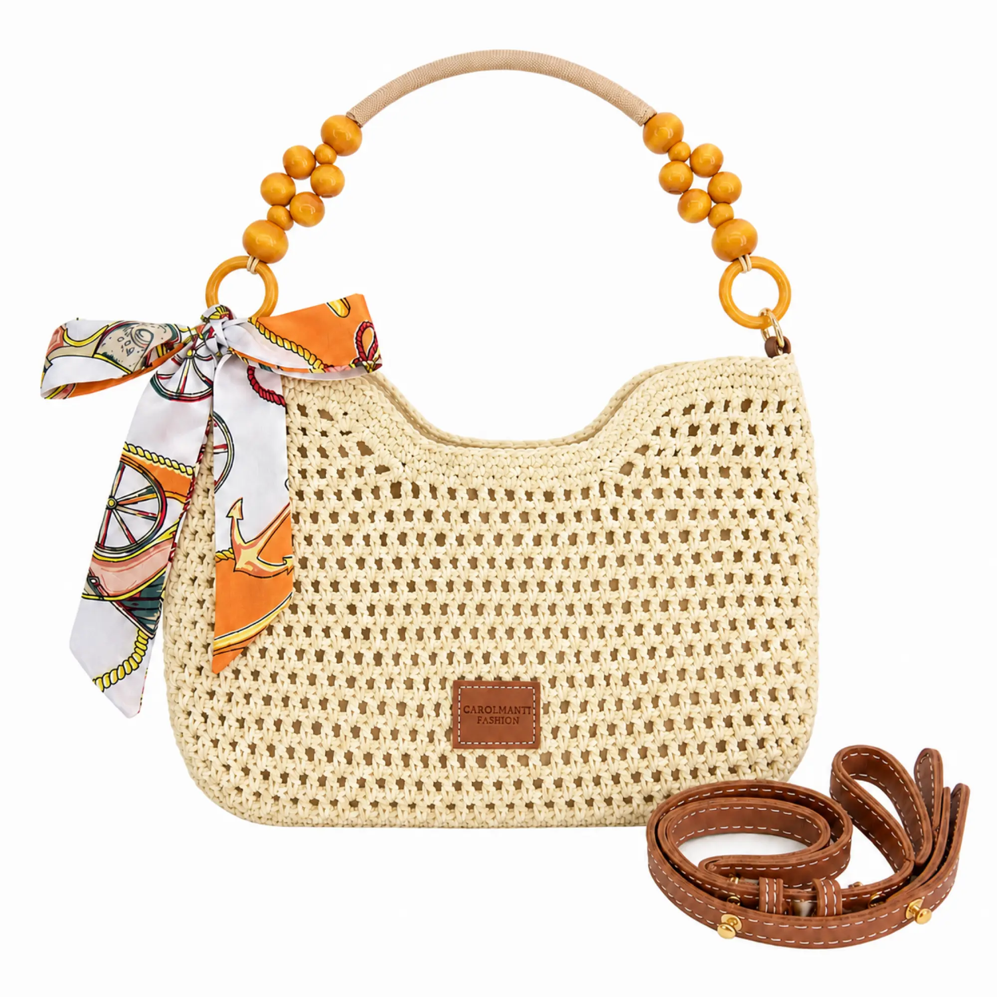 Back to School Gift Women's Crochet Tote Bag for Students College Girls, Wooden Bead Handle, Convertible PU Strap Shoulder Crossbody Bag, Lined Zipper Closure with Ribbon, Everyday School Campus Party Purse