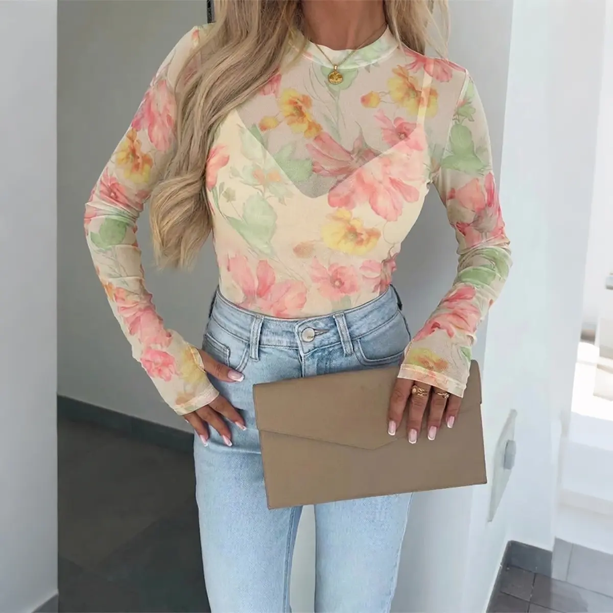 CHICME Women's French Style Watercolor Floral Print Mesh Top Long Sleeve Sheer Blouse See Through Slim Fit Tee with Thumbholes