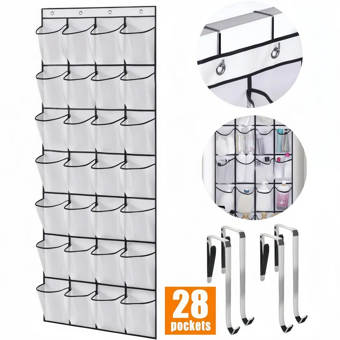 LMMAKE 1PC 28-Pocket Over- door Organizer with 4 Metal Hooks - Large Capacity Hanging Shoe Rack for Space-Saving Storage.  Stand Adjustable Shoe Rhoe