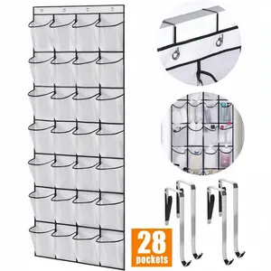 LMMAKE 28-Pocket Over-Door Organizer with 4 Metal Hooks - Large Capacity Hanging Shoe Rack for Space-Saving Storage. Clothing Stand Adjustable Clothing Racks