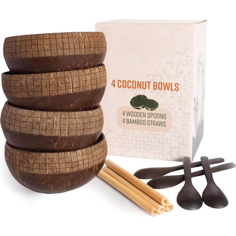 Coconut Bowl with Wooden Spoons and  Straws -   Coconut Shell  for Smoothie, Acai, Buddha & Yogurt Bowls -  for  Eating (4, Checkered)