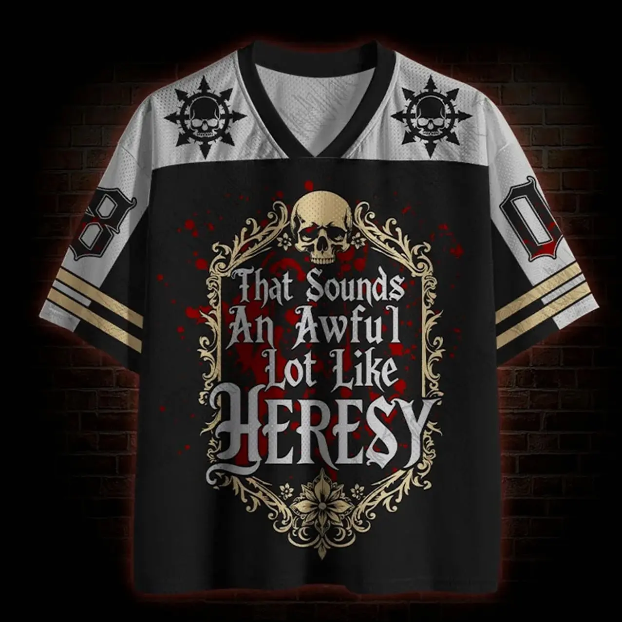 That Sounds An Awful Lot Like Heresy Mesh Jersey → That Sounds An Awful Lot Like Heresy Mesh Jersey, Funny Medieval Meme Sports Jersey, Oversized Baseball Style Mesh Shirt QF6