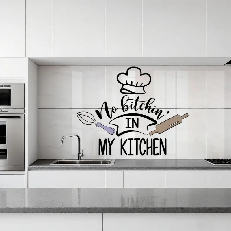 1pc Fun Kitchen Theme Wall Stickers: Text paired with chef's hat, egg beater, rolling pin elements, adding a lively and playful touch to the kitchen, vinyl removable home decoration stickers