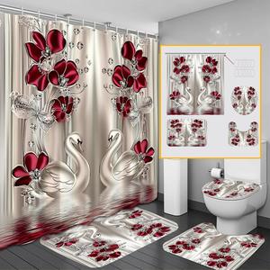 swan pattern bathroom accessories, 4 counts/set including shower curtain & toilet u-shape mat & toilet lid cover & rectangular mat, bathroom decor supplies, home goods