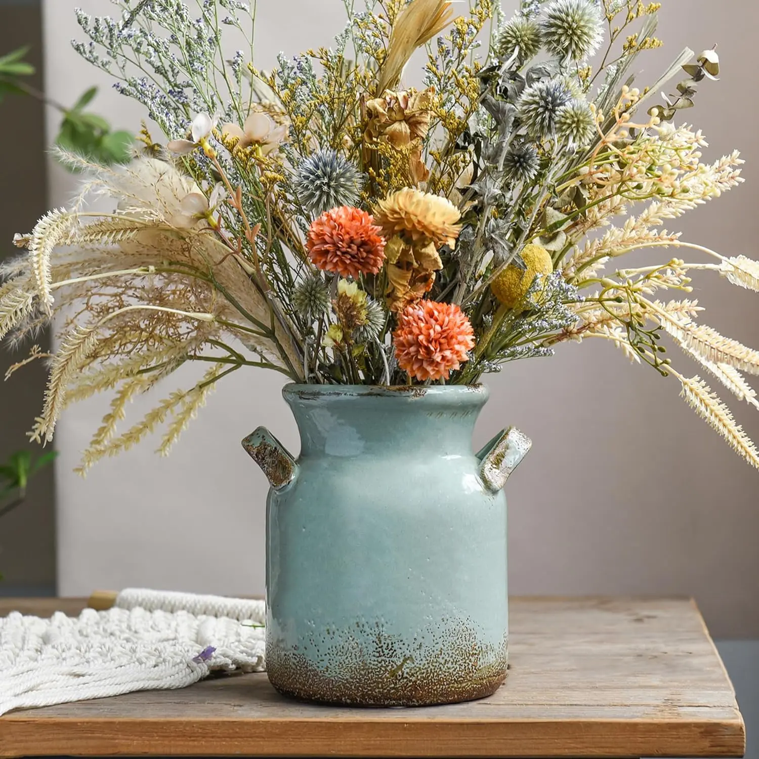 Ceramic Rustic Farmhouse Vase, Distressed Decorative Flower Vases for Home Decor, Ideal Shelf Decor, Green Boho Vase for Living Room Bedroom Kitchen Office Centerpiece Table Decorations