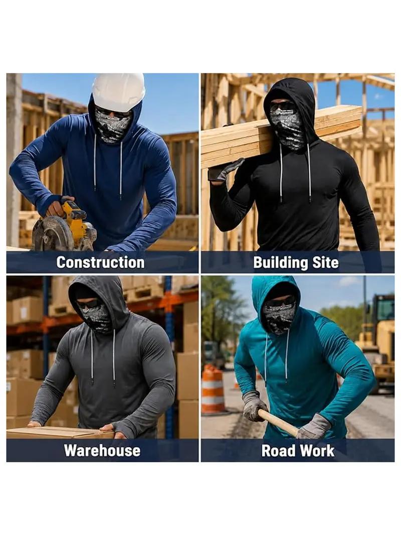 Men's 6-Pack Plain All-Season Polyester Sun Protection Long Sleeve Hooded Shirts - 4-Way Stretch Quick Dry Compression Fit Work Shirts with Built-in Face Mask & Neck Gaiter, UV Protection for Fishing, Outdoor Work
