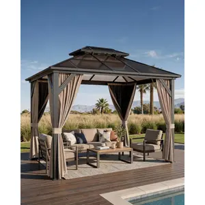 Garvee Aluminum Frame Hardtop Gazebo, 10x13 FT Double Polycarbonate Roof with Breathable Netting & Sunshade Curtains, All-Weather Outdoor Shelter for Patio, Garden, Backyard, Brown