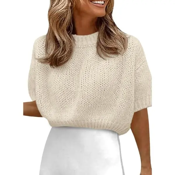 Fisoew Women's Chic Puff Sleeve Crop Top, Casual Crew Neck Style, Loose Fit Lightweight Knit Sweater, Puff Sleeves, Chic Women's Knitwear, Soft Knit, Cropped Oversized Women's Pullovers