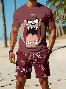 Men's 3D Digital Printed 2-Piece Casual Set with Funny Big-Mouth Monster Full-Print, 2Pcs, Trendy Fashion Outfit, Retro Casual Two-Piece Suit, Vacation-Style Trendy Wear, Breathable Sports & Casual Style, an Ideal Festival Gift for Men