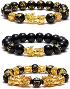 3PCS Pixiu Bracelet Set, Feng Shui Wealth Bracelet, Black Glass Bead Lucky Bracelet with Six-Syllable Mantra, Double Pixiu Prosperity Jewelry, Good Fortune Gift for Men Women