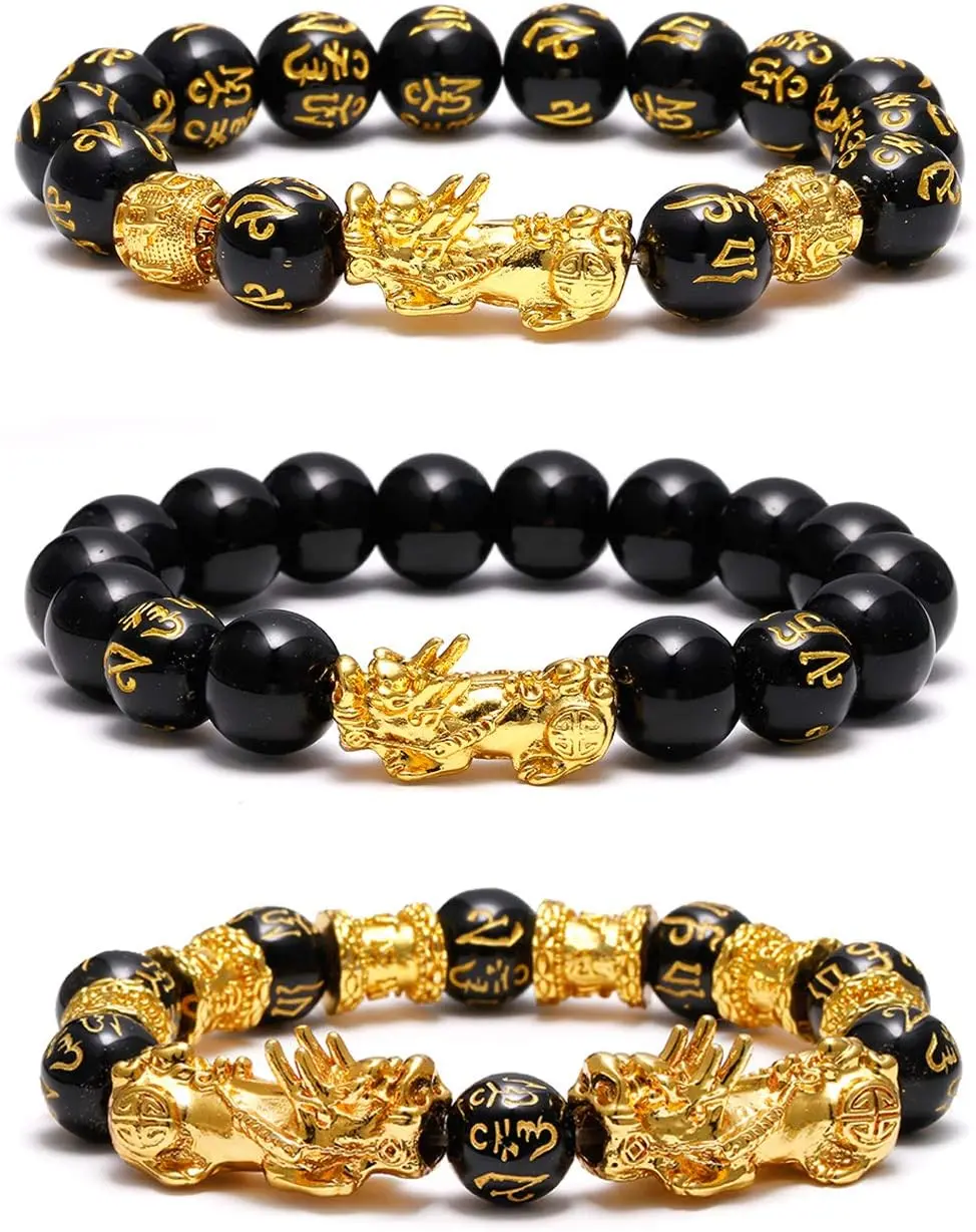 3PCS Pixiu Bracelet Set, Feng Shui Wealth Bracelet, Black Glass Bead Lucky Bracelet with Six-Syllable Mantra, Double Pixiu Prosperity Jewelry, Good Fortune Gift for Men Women