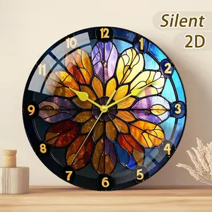 Wooden or Tempered Glass Decorative Clock, Flower Pattern Colorful Glass, Battery Driven, Wall Mount, 20-35cm, Home Decoration Gift