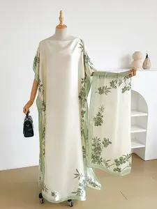 Women's Elegant Chic Silk Plant Print Dress Set, Long Robe Shawl + Scarf, Beach Sun Protection Satin Wrap, All Seasons Fashion Elegance