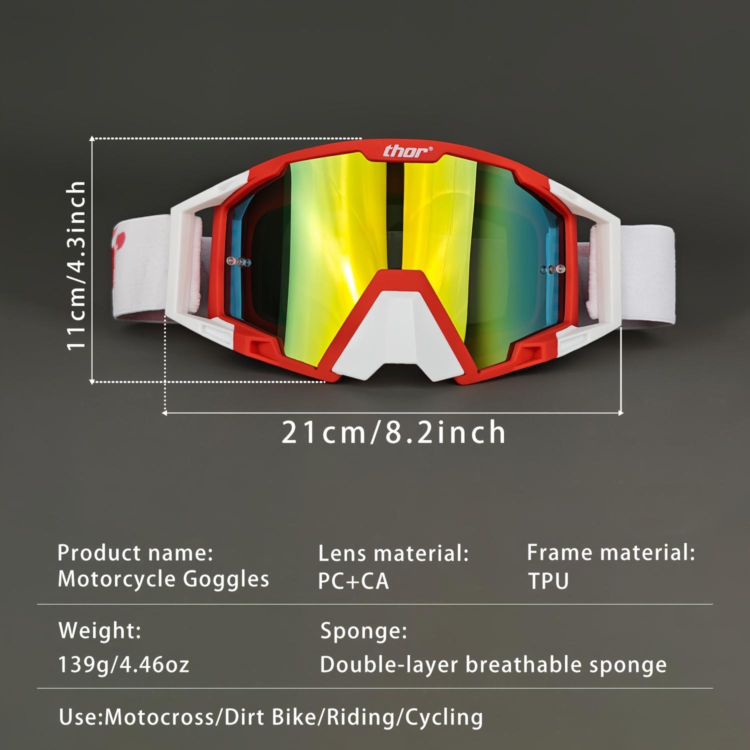 Thor-style motocross goggles with mirrored lenses, adjustable strap, anti-fog, and UV400 protection. Off-road riding eyewear for outdoor use, suitable for motorcycles, ATVs, and skiing.