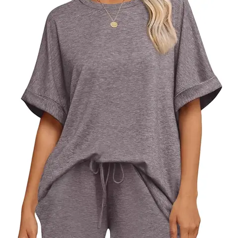 [Plus Size] Loose Solid Tee & Drawstring Waist Shorts Set, Summer Casual Basic Outfit Round Neck Short Sleeve T-shirt & Shorts, Lady Womenswear, Clothes