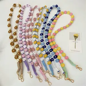 Bohemian long hand-woven beaded flower camera strap daisy mobile phone lanyard colored lanyard female