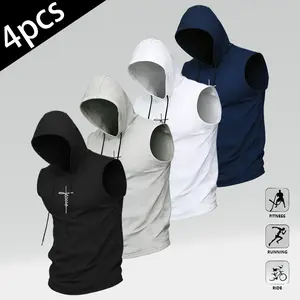 Men’s sleeveless hoodie with Jesus cross print; breathable casual sports fitness tank top; soft, breathable faith-themed hooded tank top; men’s drawstring sleeveless athletic top