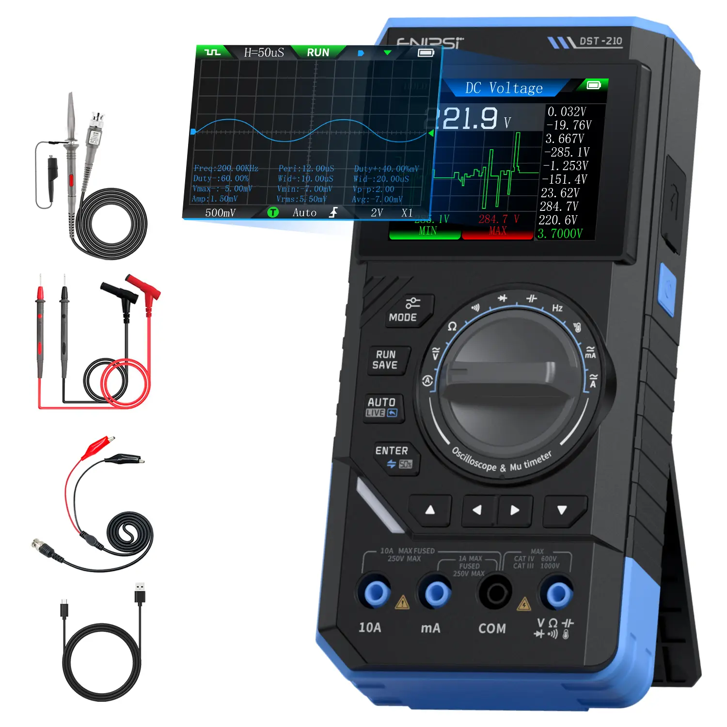FNIRSI DST 210 and DST 201 Handheld Oscilloscope 10MHz Bandwidth 48MSa S Sampling Rate 400V Max Voltage Waveform Image for Electronic Circuit Diagnosis 19999 Count Measures AC DC Voltage Current Resistance Capacitance Frequency Diode and Temperature tikto
