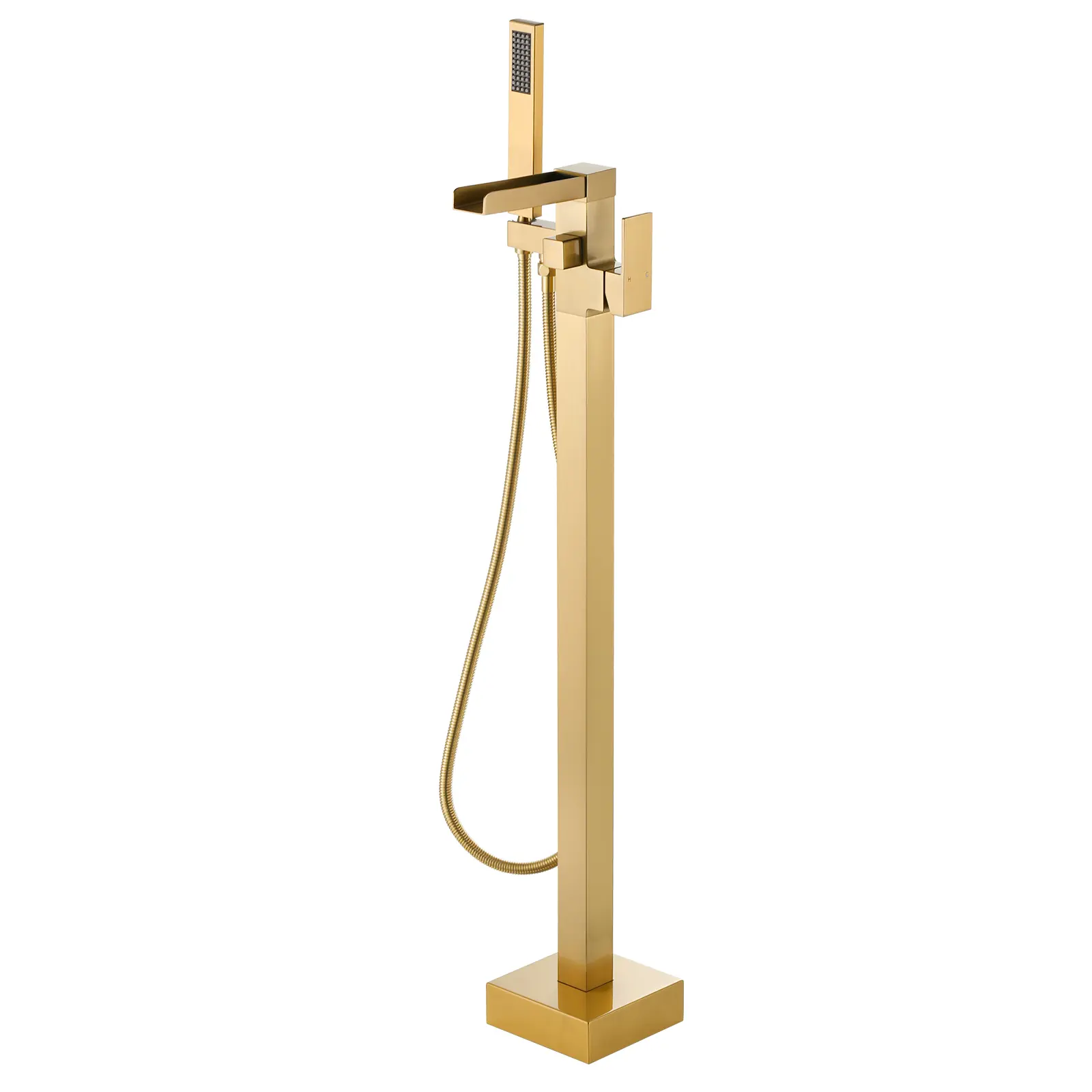WOWOW Modern Standing Floor-Mount Bathtub Faucet with Handheld Shower - Brushed Gold Solid Brass Stainless Steel Tap, 360 Degree Swivel Spout, Max 6.74 GPM, 1/2" Hot and Cold Hoses for Elegant SPA Bathroom Use, 1/2" Hot And One Cold Hose