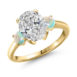 Gem Stone King 2.50 cttw IGI Certified Lab Grown Diamond and White Opal 3-Stone Engagement Ring For Women | 18K Yellow Gold Plated Silver | Center 2.00 Ct Diamond | D-E Color | VS1-VS2 Clarity