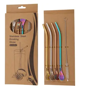 Yerba Mate Straws, 3 Pack Reusable Colorful Tea Coffee Cocktail Stainless Steel Bent Smooth Flow Drinking Stir Filter Spoon Straws with Cleaning Brush by Beruth