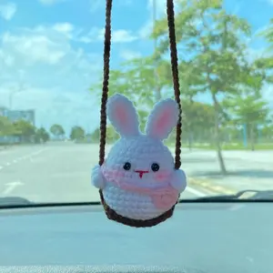 Loppy Puff - Cute Swinging Bunny Car Mirror Hanging Accessories, Crochet Rabbit Ornaments, New Car Gift Idea, Gift For Her, Car Decorations, Car Charm