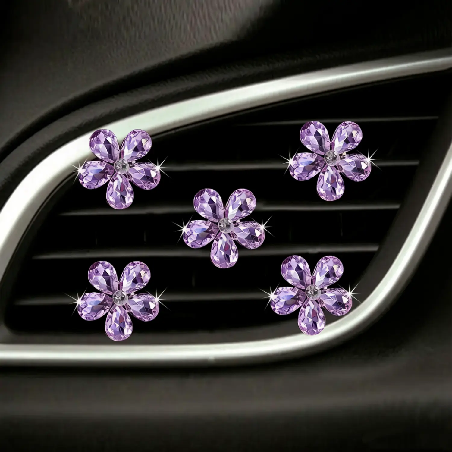 5Pcs Crystal 5-Petal Flower Car Vent Clips - Fragrance-Free, Easy-Clip-On, No-Battery-Required Decor Accessories for Auto Interior AC, Crystal Flowers Decorating My Car, DIY Bag Accessory Compatible, Car Accessories homedecor