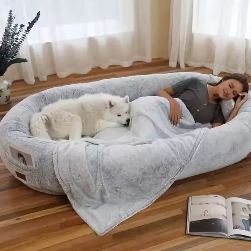 Giant Human Dog Bed With Blanket & Pillow 72.8"X 43.3"X 11.8" Floor Bed For Adults Cozy Pet Nest