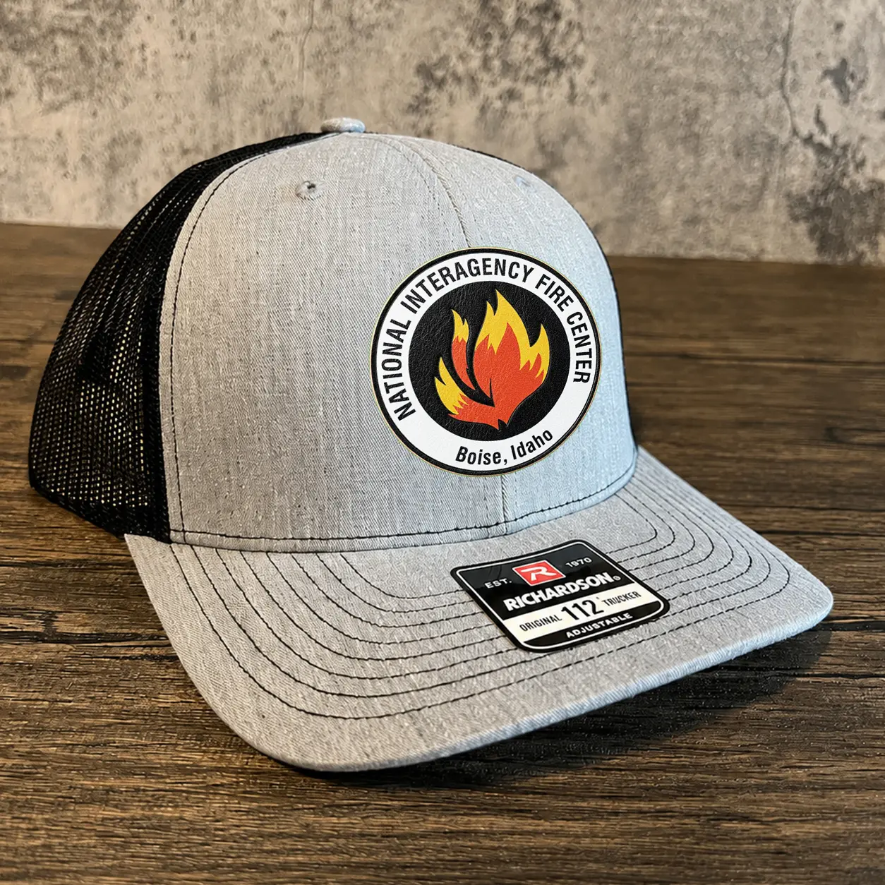 Trucker Hat for Firefighters with Leather Patch, Adjustable Cotton Mesh Back Snapback Cap for Adults, All Seasons Outdoor Wear, Full Black & Black/Grey, Grey / White