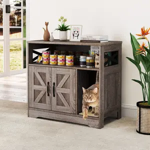 COSTWAY - Cat Litter Box Enclosure Hidden Cat Washroom Furniture with Storage-Grey
