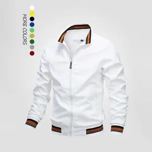 Men's Striped Trim Zipper-Up Bomber Windbreaker Coat, Casual Long-Sleeves Tops with Pockets, Easy-Care Menswear for Fall Daily Wear, S-3XL