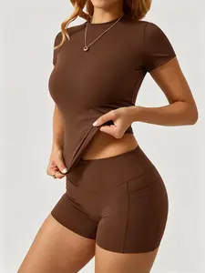 Brown 2 Piece Yoga Set with Practical Side Pockets, High Waist Hip Lifting Style, Soft and Stretchy for Gym, Workout, Yoga and Casual Loungewear Activewear Set Sportswear Yoga Set