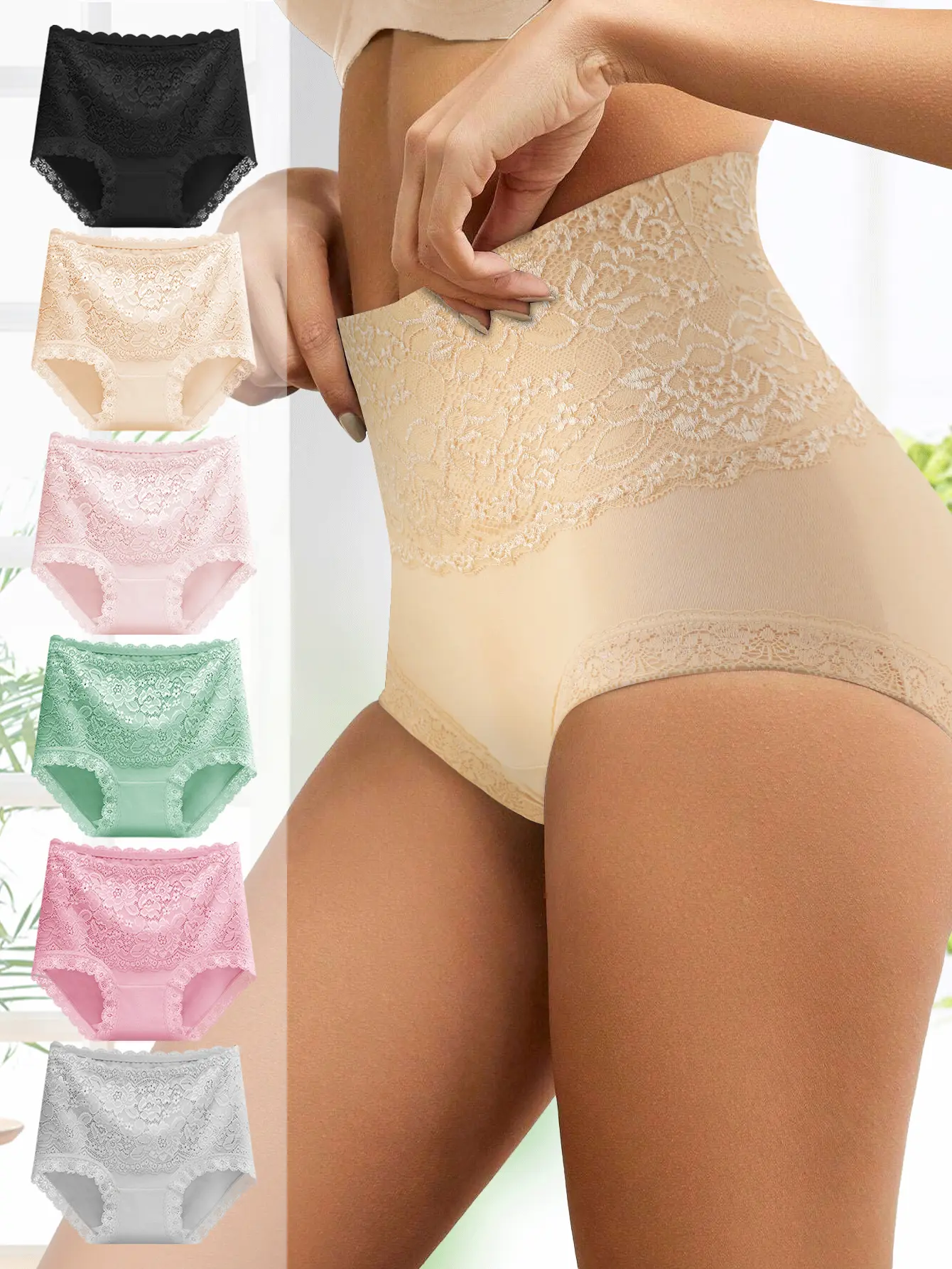 QUASTI Women's 6pcs High-Waist Briefs - Lace Cotton Spandex Basic Underwear, Soft Lightweight Breathable Comfortable, Minimalist Elegant Hip-Lifting Style for Daily Wear