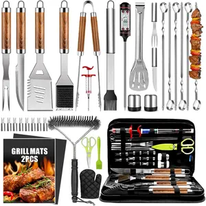34Pcs 16 Inches Heavy Duty Stainless Steel BBQ Tools Set with Thermometer Grill Mats, Grilling BBQ Accessories Gifts for Men Women for Backyard
