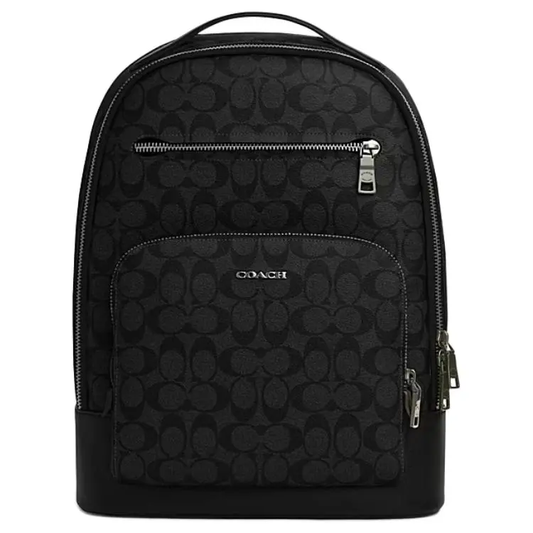 COACH Ethan 32 Classic Monogram Zip-Top Backpack – Large Capacity Fabric and Faux-Leather Unisex Bag in Black