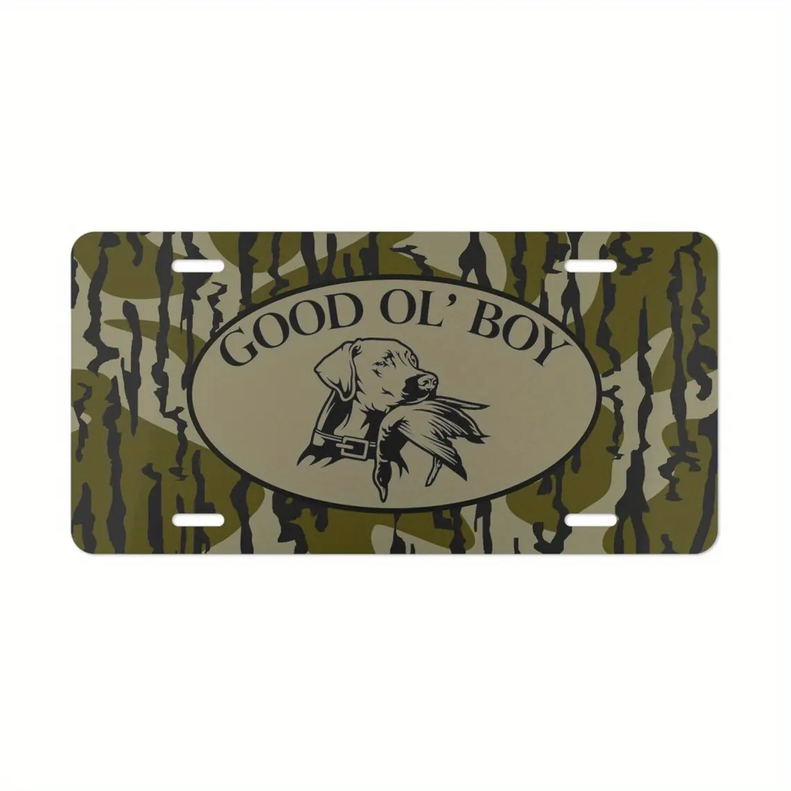 Bottomland Camo "Good Ol' Boy" Duck Hunting Vanity License Plate, Gifts for Him, Hunting Gifts, Aluminum Front License Plate- 6x12- inch polished metal standard plate, easy to install, for decor only, Made in USA