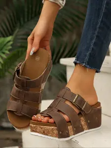 Vintage Worn-Out Wedge Sandals for Women, Adjustable Buckle Soft Sole, Casual Summer High Heel Shoes, Perfect for Daily Wear