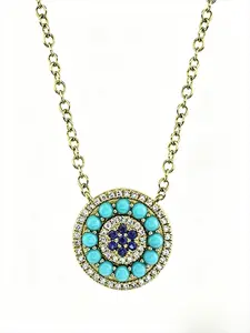 Vintage Round Turquoise Color Simulated Gemstone Pendant Necklace, Unisex Charismatic Jewelry, Perfect Gift for Loved Ones