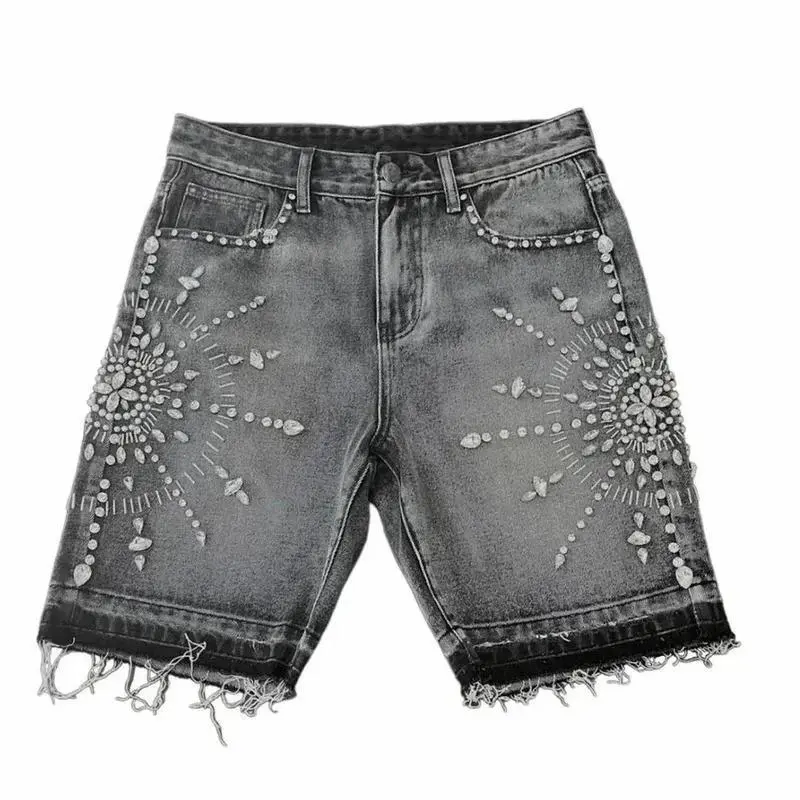 Men's Y2K Retro Black Denim Shorts Men Women Harajuku Fashion Rhinestone Rivet Loose Short Pants Gothic Fashion Raw Edge Washed Shorts