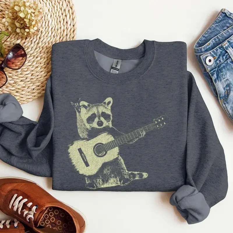 Vintage Raccoon Playing Guitar Sweatshirt, Funny Woodland Animal Crewneck, Country Music Lover Gift, Cozy Unisex Pullover
