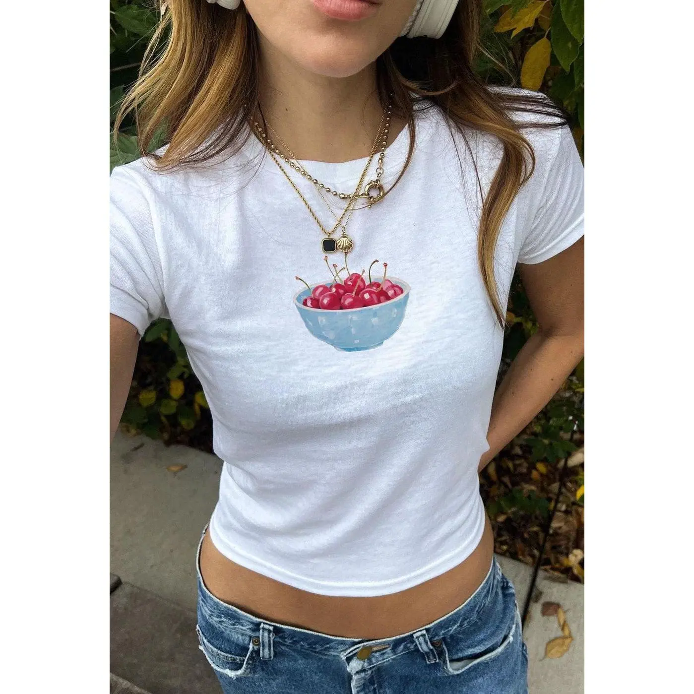 Painted Blue Bowl of Cherries 90s Baby Tee | Coquette T-Shirt Y2K