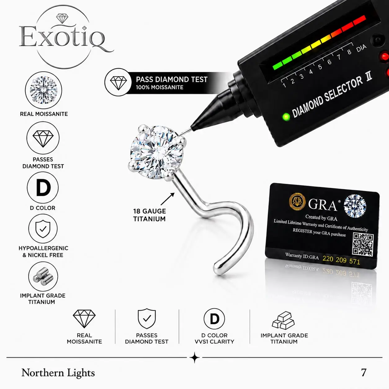 Moissanite Titanium Nose Stud Corkscrew shape 18 Gauge comes with GRA certificate of Authenticity,