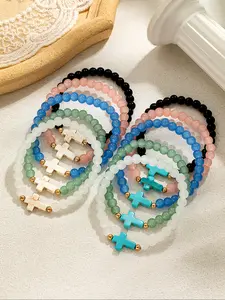 Boho Style Colorful Beaded Stackable Bracelets Set, 5pcs/10pcs Cross Pendant, Layered Wear Jewelry for Women, Perfect Gift for Holidays