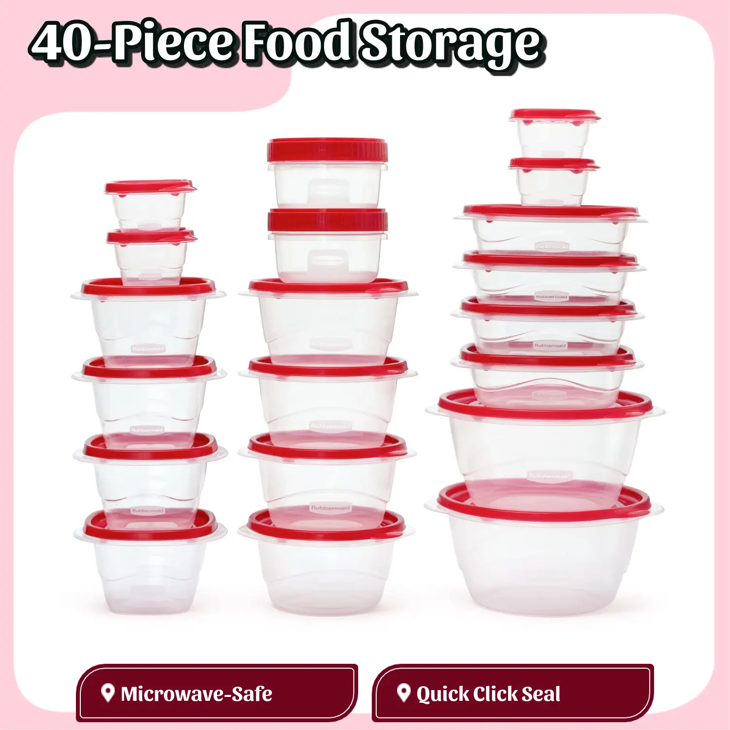 Red Plastic Kitchen Food Storage Containers & Bowls Set - 40-Piece Assorted Sizes with Secure Click Seal Leakproof Lids, Kitchen Utensils Accessory, Stacking